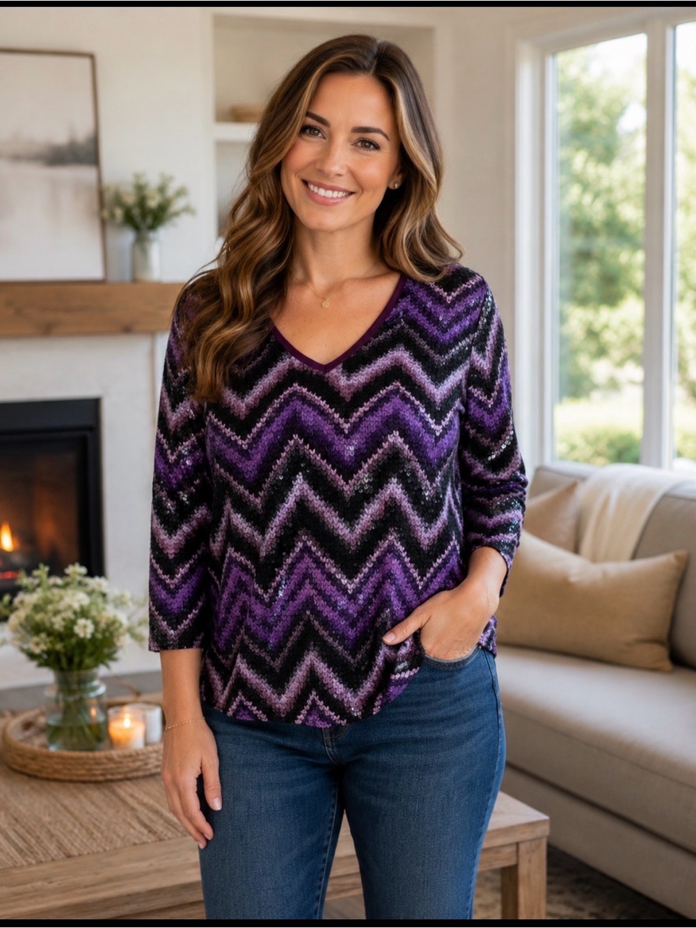 Cherov Size 2X Purple Sequin Blouse